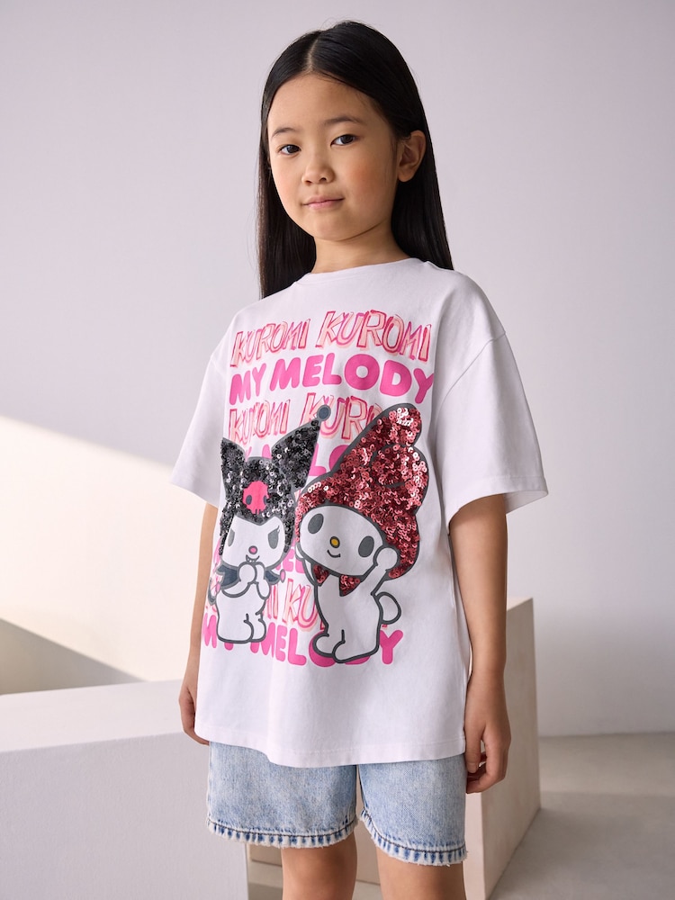 Белый - Футболка свободного кроя из 100% хлопка с принтом Kuromi & Melody (3-16лет) - Изображение 1 из 8