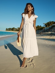 Lipsy White Broderie Short Sleeve Ruched Front 100% Cotton Midi Dress - Image 1 of 5