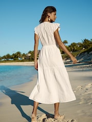 Lipsy White Broderie Short Sleeve Ruched Front 100% Cotton Midi Dress - Image 3 of 5