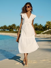 Lipsy White Broderie Short Sleeve Ruched Front 100% Cotton Midi Dress - Image 5 of 5