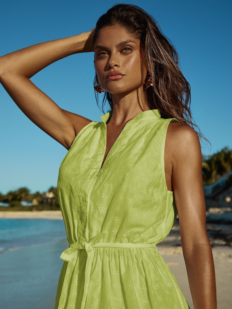 Lipsy Green Broderie Sleeveless Mini Shirt Dress - Image 2 of 4