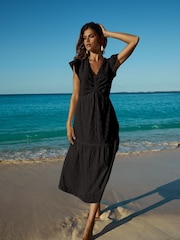 Lipsy Black Broderie Short Sleeve Ruched Front 100% Cotton Midi Dress - Image 1 of 4