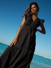 Lipsy Black Broderie Short Sleeve Ruched Front 100% Cotton Midi Dress - Image 2 of 4