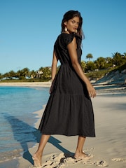Lipsy Black Broderie Short Sleeve Ruched Front 100% Cotton Midi Dress - Image 4 of 4