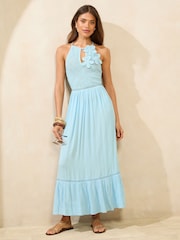 Lipsy Blue Crochet Flower Detail Halter Maxi Dress - Image 2 of 4