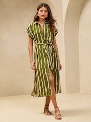 Lipsy Green Short Sleeve Linen Look Button Down Midi Shirt Dress - Image 1 of 4