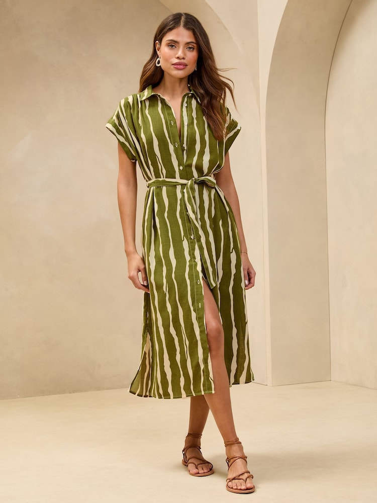 Lipsy Green Short Sleeve Linen Look Button Down Midi Shirt Dress - Image 1 of 4
