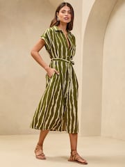 Lipsy Green Short Sleeve Linen Look Button Down Midi Shirt Dress - Image 3 of 4