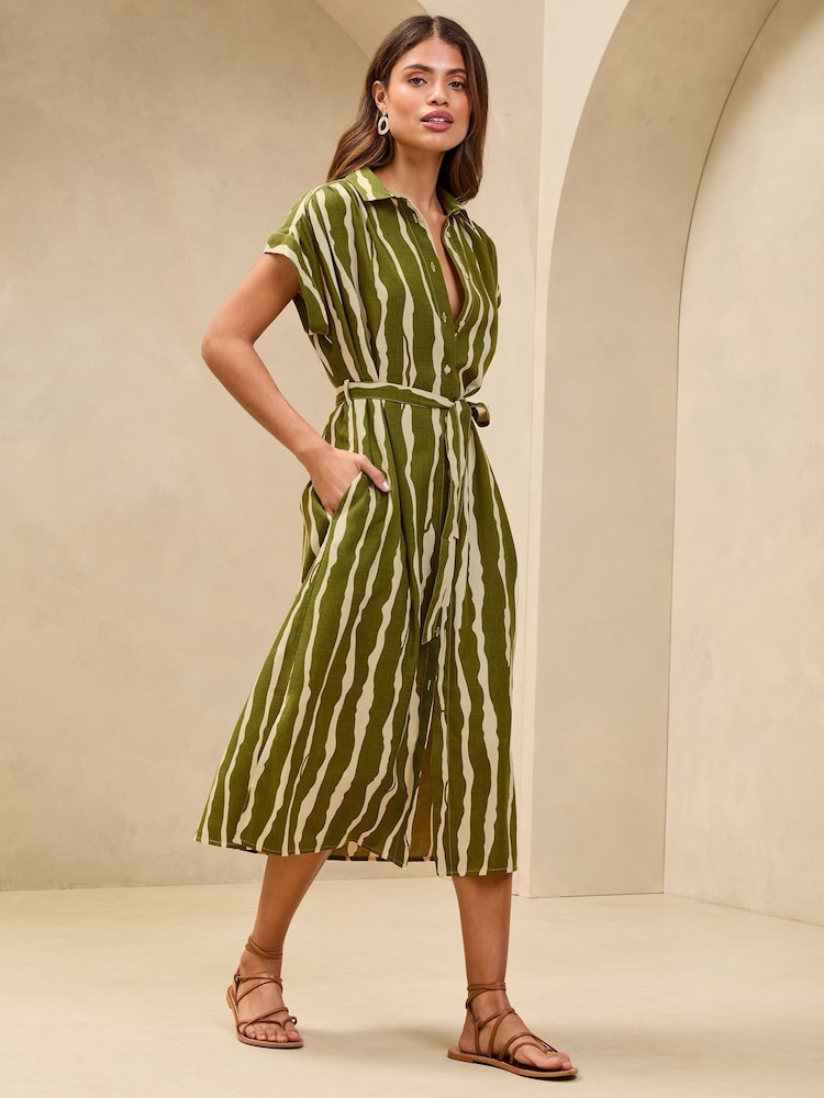 Lipsy Green Short Sleeve Linen Look Button Down Midi Shirt Dress - Image 3 of 4