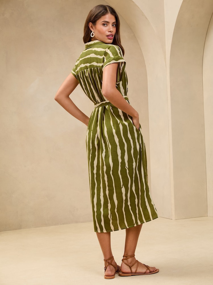 Lipsy Green Short Sleeve Linen Look Button Down Midi Shirt Dress - Image 4 of 4
