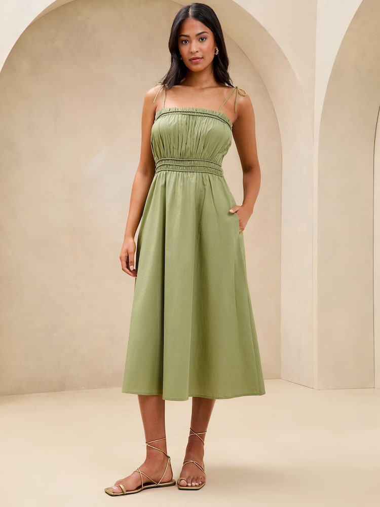Lipsy Khaki Green Poplin Cami Strap Ruched Midi 100% Cotton Dress - Image 1 of 4