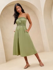 Lipsy Khaki Green Poplin Cami Strap Ruched Midi 100% Cotton Dress - Image 3 of 4