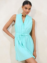 Lipsy Blue Broderie Sleeveless Mini Shirt Dress - Image 1 of 4