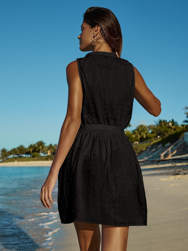 Lipsy Black Broderie Sleeveless Mini Shirt Dress - Image 4 of 4