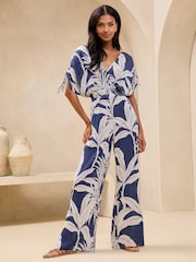 Lipsy Navy Palm Print Crinkle Jumpsuit - Image 1 of 4