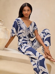 Lipsy Navy Palm Print Crinkle Jumpsuit - Image 2 of 4