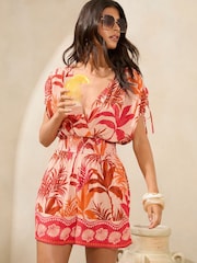 Lipsy Orange Palm Printed V-Neck Kimono Crinkle Playsuit - Image 1 of 4