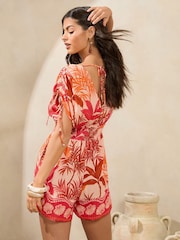 Lipsy Orange Palm Printed V-Neck Kimono Crinkle Playsuit - Image 4 of 4