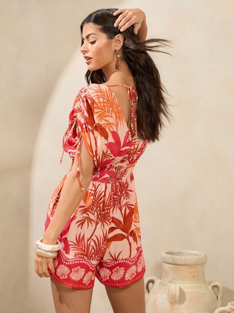 Lipsy Orange Palm Printed V-Neck Kimono Crinkle Playsuit - Image 4 of 4