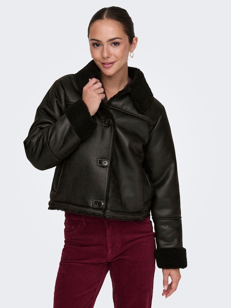 JDY Brown Faux Fur Shearling Jacket - Image 1 of 7