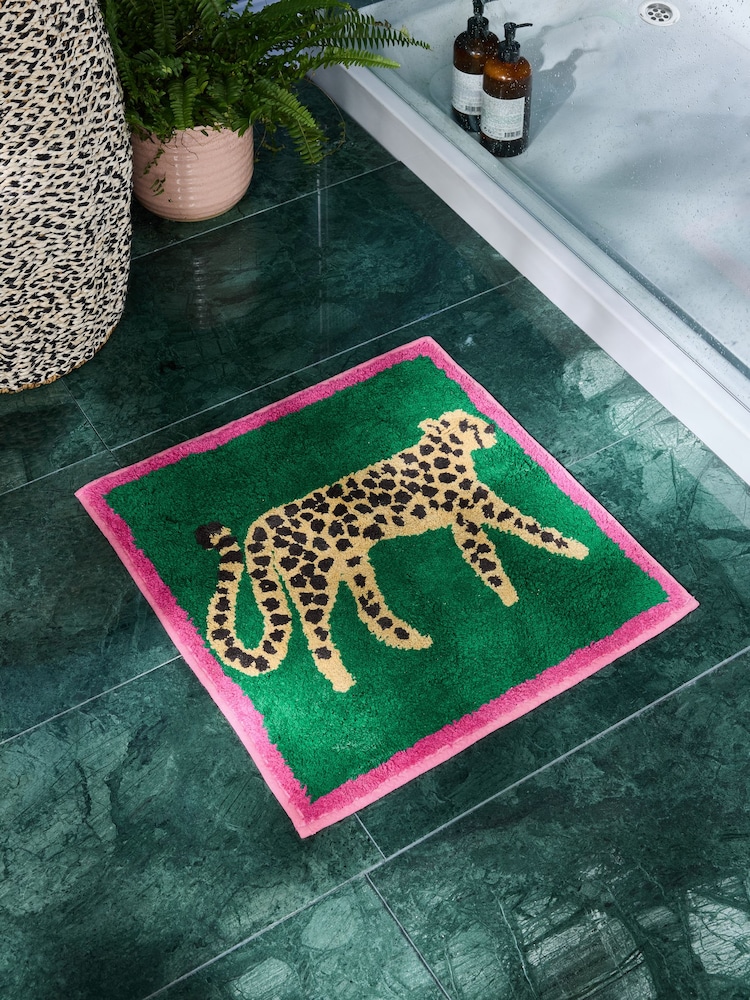 Green Cheetah Animal Print 100% Cotton Shower Mat - Image 1 of 3