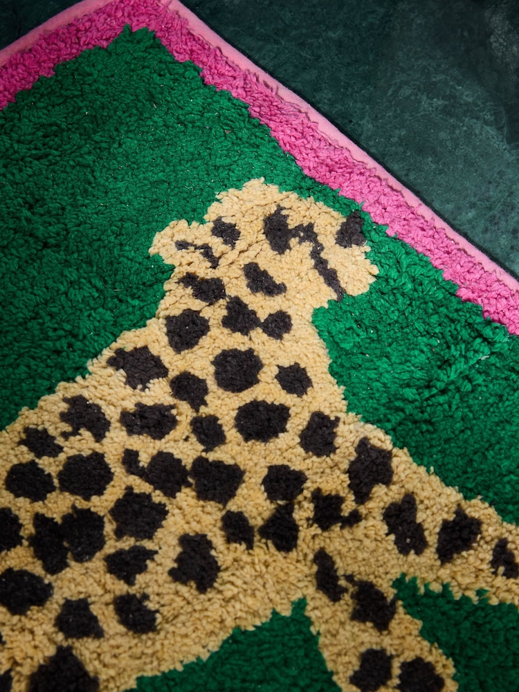 Green Cheetah Animal Print 100% Cotton Shower Mat - Image 2 of 3