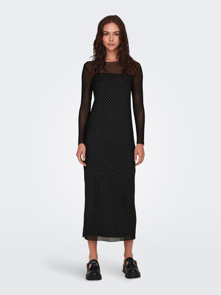 JDY Black Long Sleeve Mesh Studded Dress - Image 2 of 7