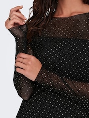 JDY Black Long Sleeve Mesh Studded Dress - Image 4 of 7