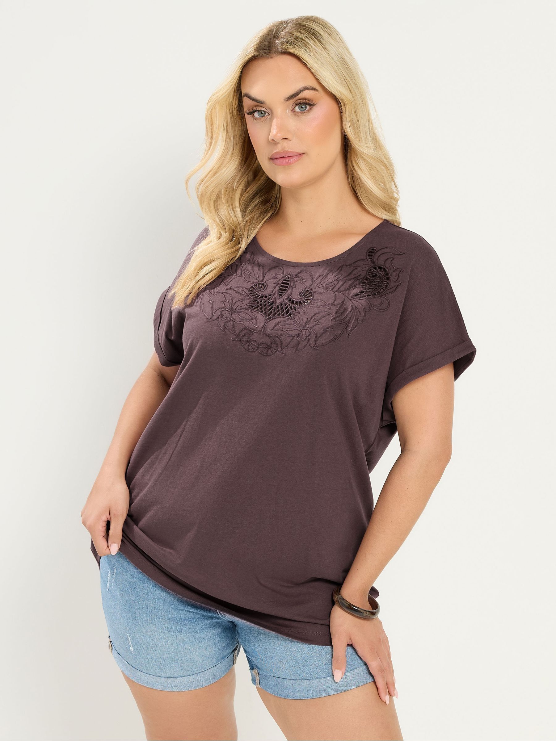 Yours Curve Women's Brown Broderie Anglaise Grown On Sleeve T-Shirt