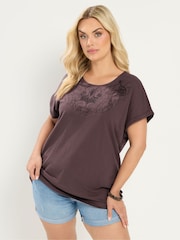 Yours Curve Brown Broderie Anglaise Grown On Sleeve T-Shirt - Image 1 of 5