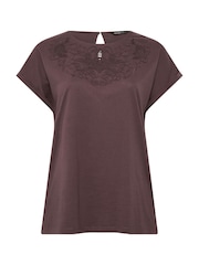 Yours Curve Brown Broderie Anglaise Grown On Sleeve T-Shirt - Image 5 of 5