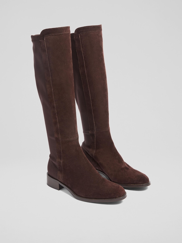 LK Bennett Brown Tallis Espresso Half And Half Stretch Knee Boots - Image 2 of 4