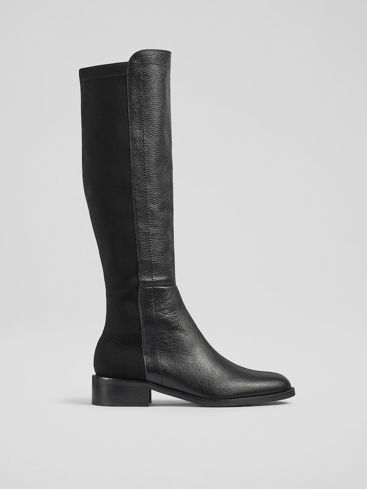 LK Bennett Black Tallis Half And Half Stretch Knee Boots - Image 1 of 4