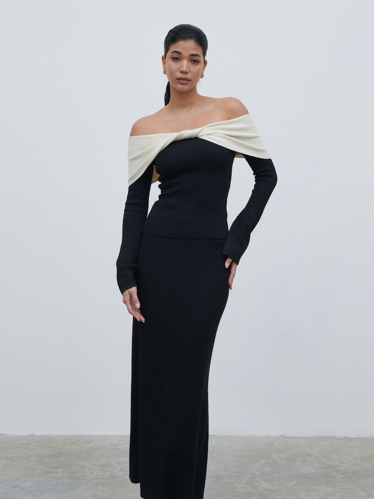 Pretty Lavish Black & Cream Ema Twist Contrast Bardot Knit Top - Image 2 of 4