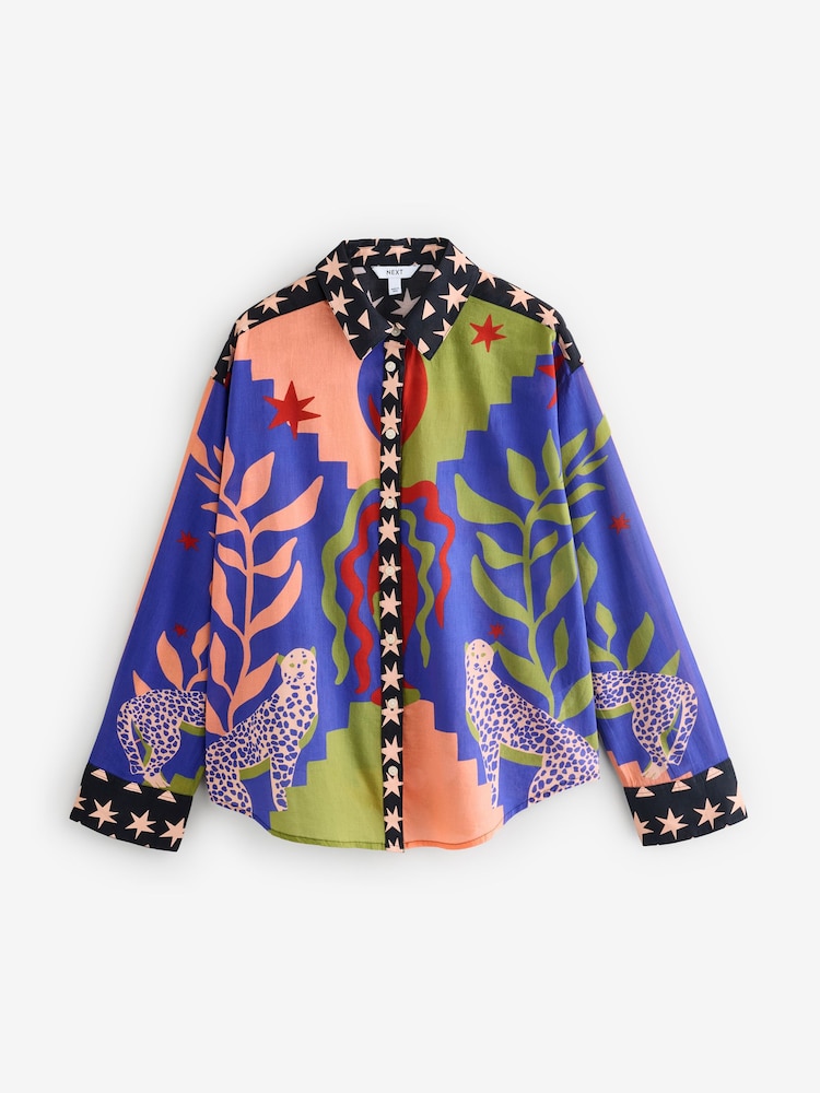 Purple Leopard Abstract Placement Print Long Sleeve 100% Cotton Relaxed Lightweight Shirt - Image 1 of 2 Purple Leopard Abstract Placement Print Long Sleeve 100% Cotton Relaxed Lightweight Shirt - Image 1 of 2