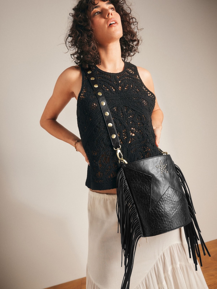 Rockett St George Black Studded Star Cross-Body Bucket Bag - Image 5 of 12
