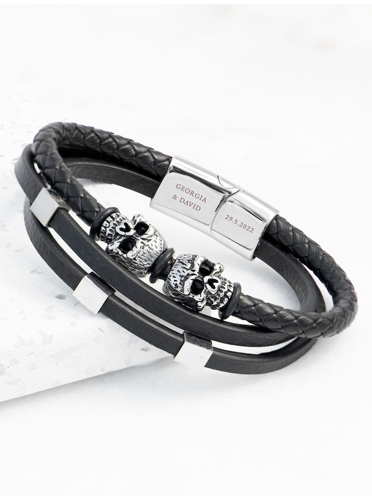 Mens Personalised Skulls Leather Rope Bracelet by Treat Republic - Image 1 of 5