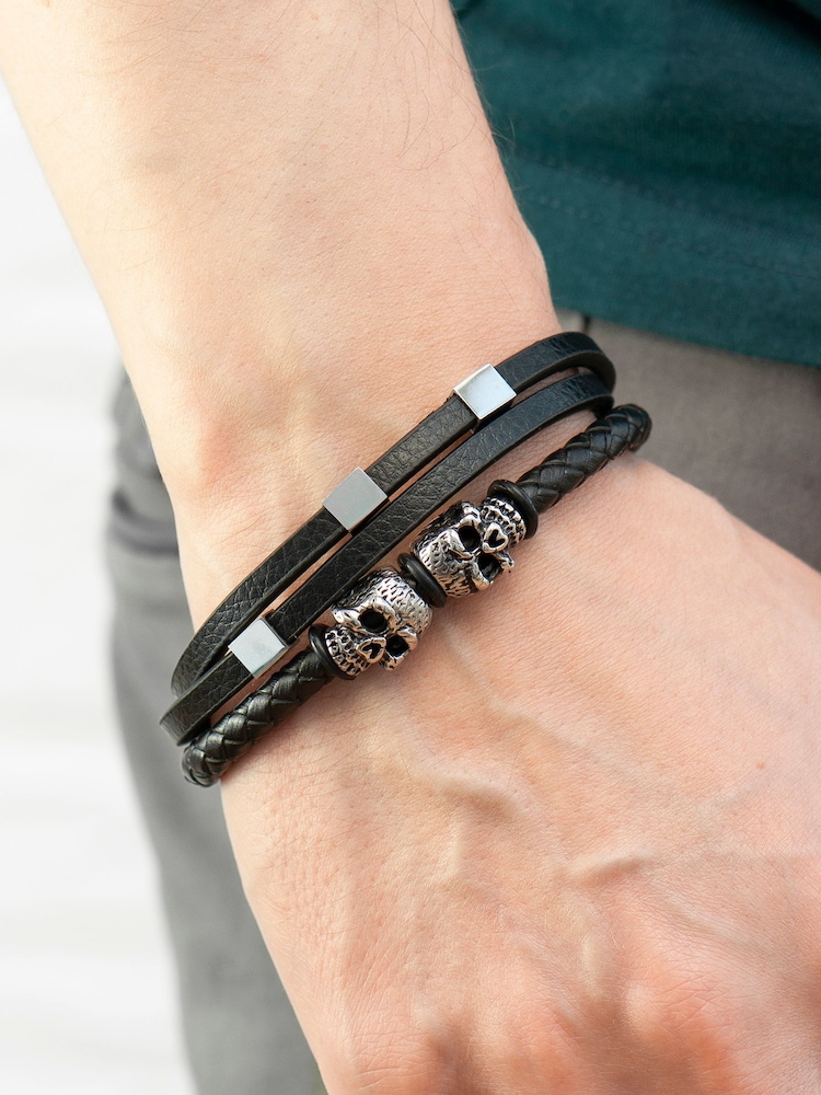 Mens Personalised Skulls Leather Rope Bracelet by Treat Republic - Image 2 of 5