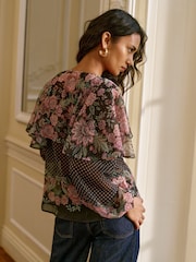 Lipsy Black Floral Ruffle Blouse - Image 4 of 4