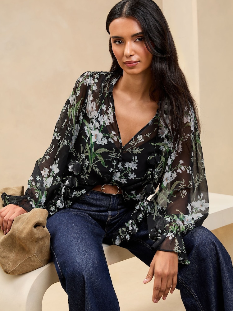Lipsy Black Long Sleeve Blouse With 3D Floral Print Ties - Image 1 of 4 Lipsy Black Long Sleeve Blouse With 3D Floral Print Ties - Image 1 of 4