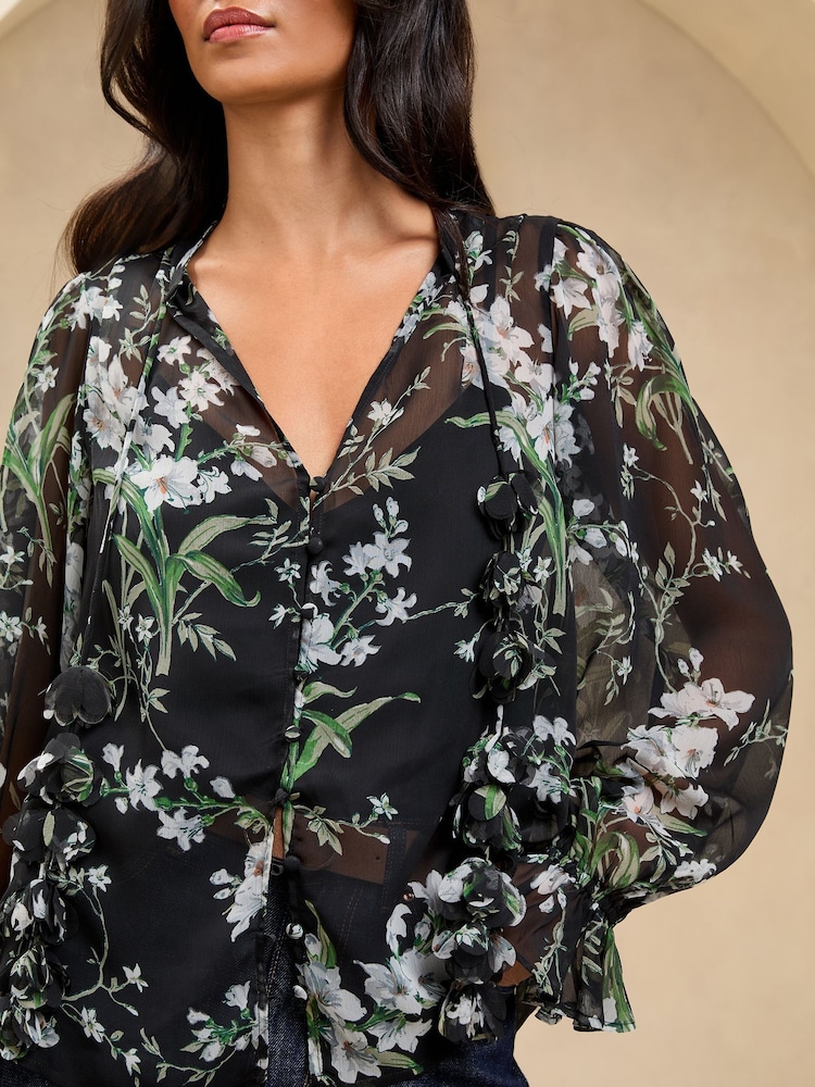 Lipsy Black Long Sleeve Blouse With 3D Floral Print Ties - Image 2 of 4 Lipsy Black Long Sleeve Blouse With 3D Floral Print Ties - Image 2 of 4
