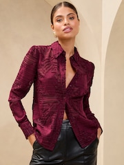 Lipsy Burgundy Red Burnout Button Through Shirt - Image 1 of 4