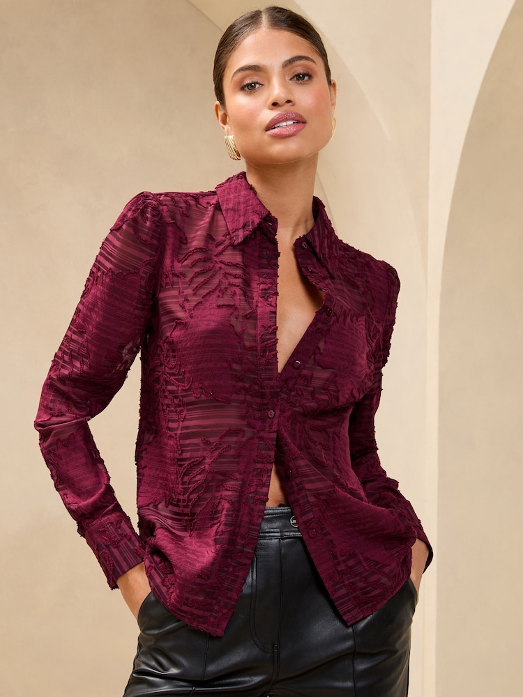 Lipsy Burgundy Red Burnout Button Through Shirt - Image 1 of 4