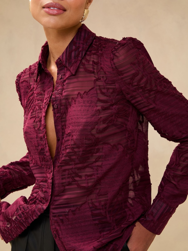Lipsy Burgundy Red Burnout Button Through Shirt - Image 3 of 4
