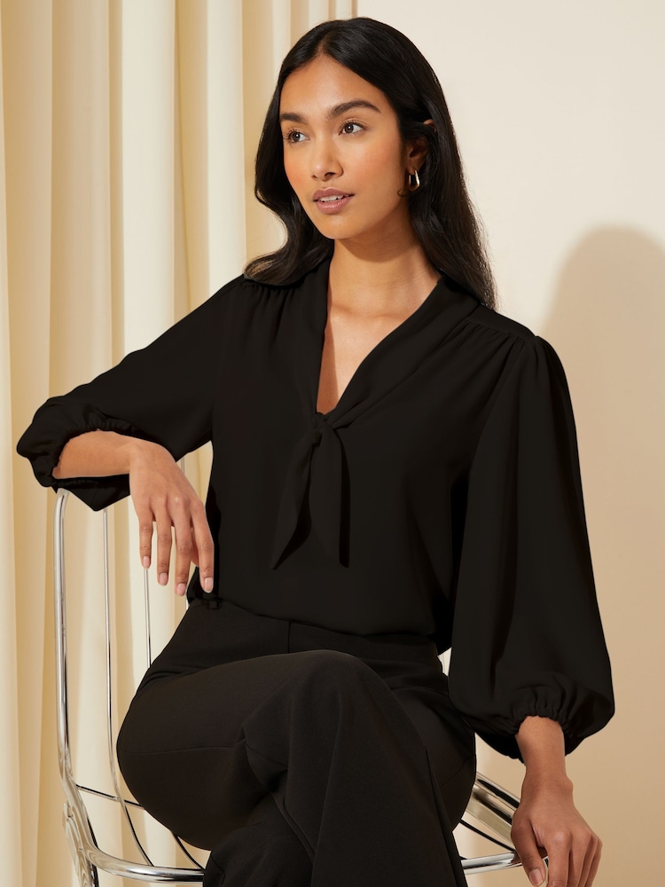 Friends Like These Black V-Neck Bow Front 3/4 Sleeve Blouse - Image 1 of 4