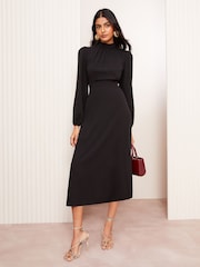 Friends Like These Black High Neck Long Sleeve Midi Dress with Bow Detailing - Image 1 of 5