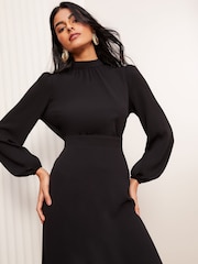 Friends Like These Black High Neck Long Sleeve Midi Dress with Bow Detailing - Image 2 of 5