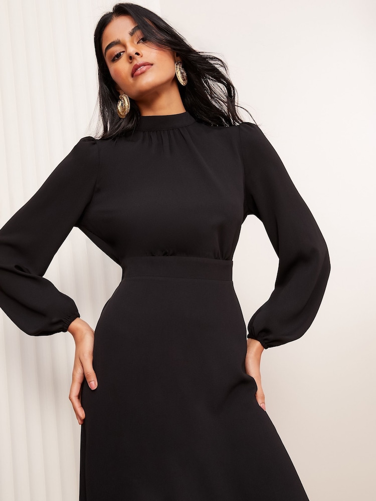 Friends Like These Black High Neck Long Sleeve Midi Dress with Bow Detailing - Image 2 of 5