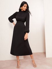 Friends Like These Black High Neck Long Sleeve Midi Dress with Bow Detailing - Image 5 of 5