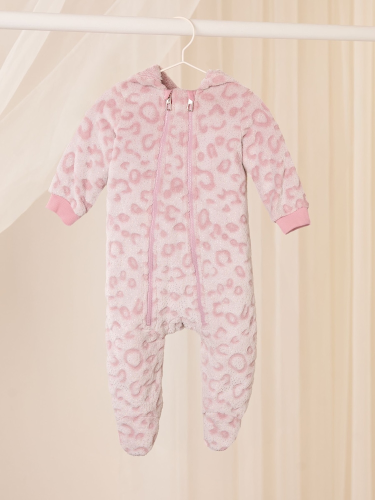 Lipsy Pink Leopard Print Baby Soft Touch Fleece Sleepsuit (0-24mths) - Image 1 of 4